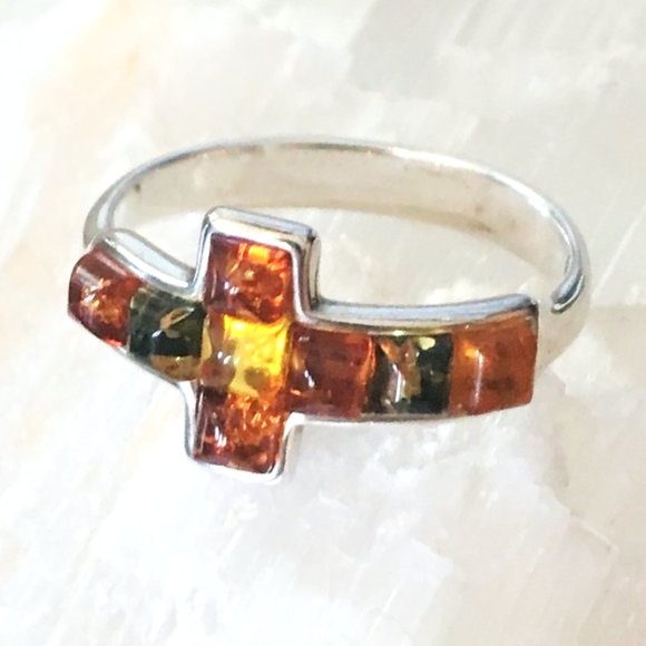 Baltic Amber Multicolor Cross Ring .925 Sterling Silver Genuine Gemstones - Picture 7 of 15